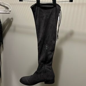 Over the knee, tie top grey boots